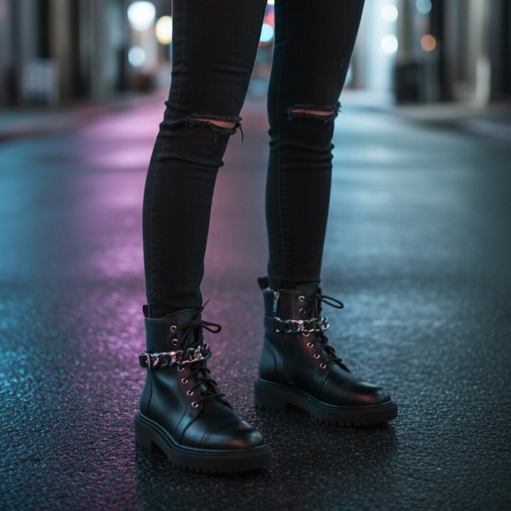 Linea Paolo THEXTON Moto Boots Lace Up with Removable Chain Black Size 5.5 Women